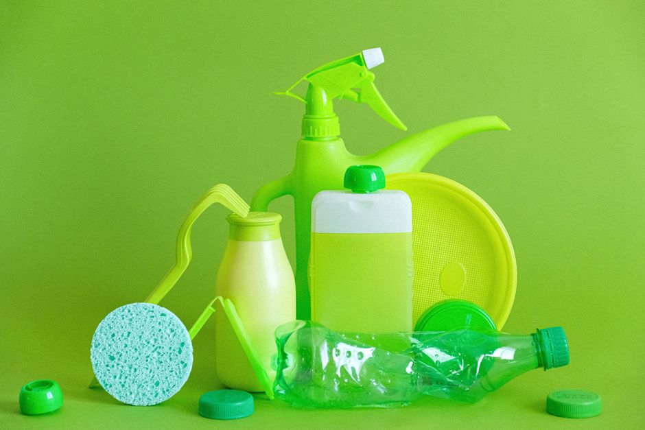 Assortment of green, eco-friendly cleaning products